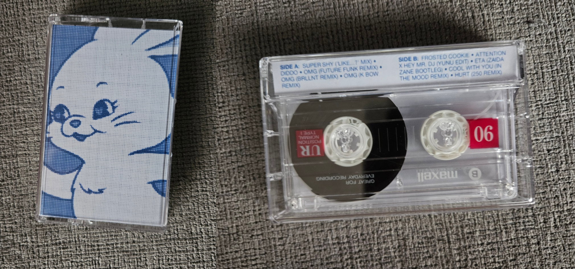 two photos edited together: left is a photo of a mixtape case with a printed j-card inside of the newjeans self titled release blue bunny cover. right is a photo of the back of a mixtape case with a printed j-card inside, just the small side of it, listing the tracks on both sides (all new jeans fan remixes except for one official remix) and showing the tape inside which itself is clear and has red brand stickers